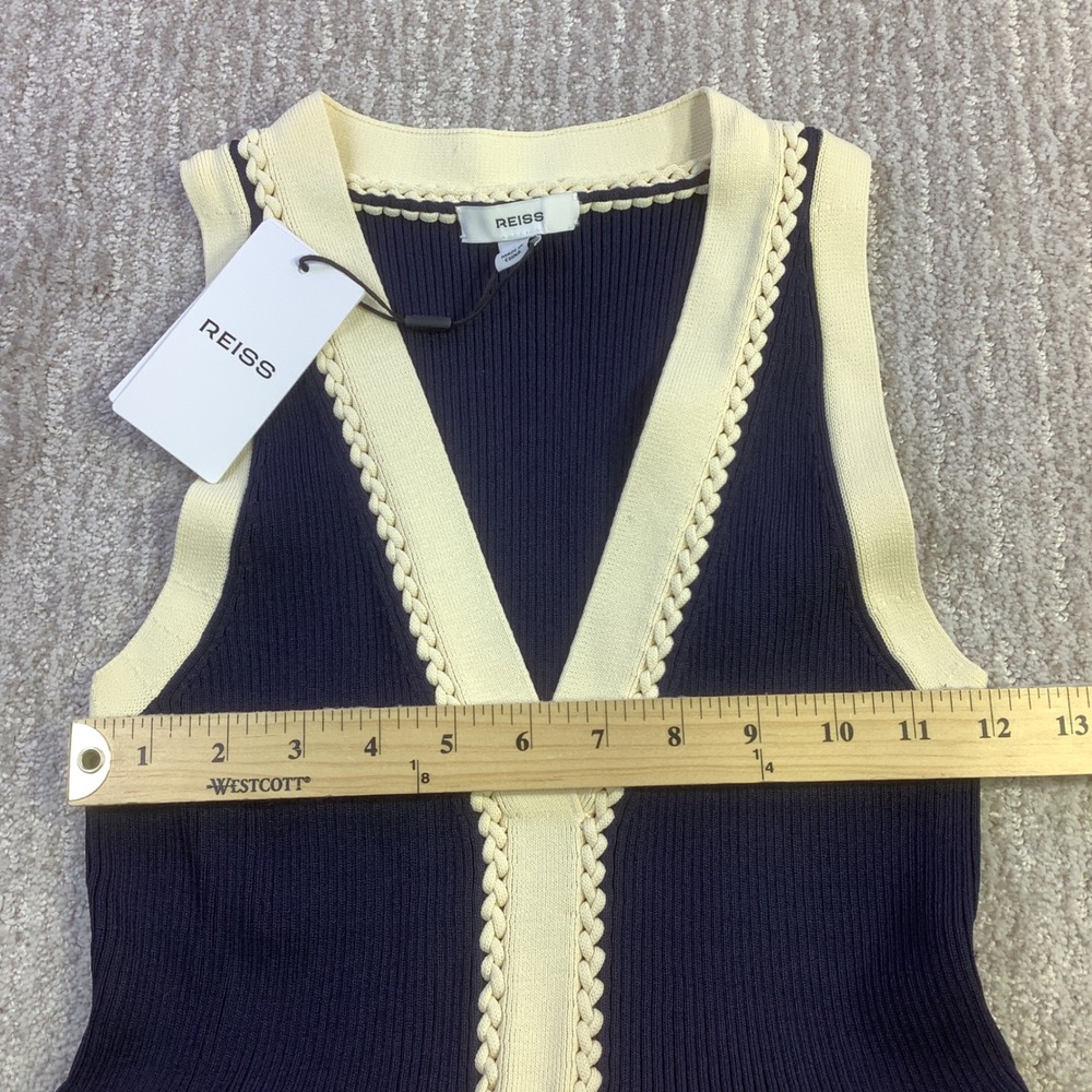 Reiss Lou-Craft Detail Knitted Navy Blue Cream V-Neck Maxi Dress Size M NWT - Picture 11 of 14